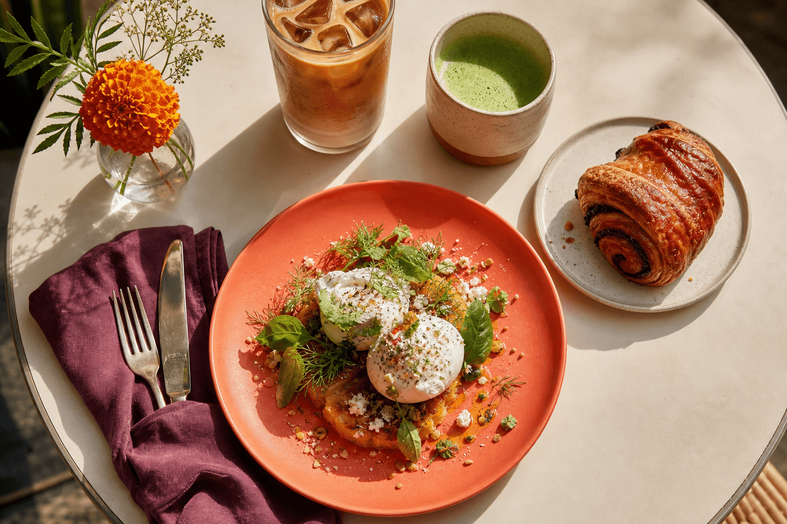 Colourful brunch and drinks on a café table
